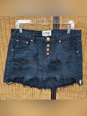 ONE x OneTeaspoon “Junk Yard” Distressed Denim Shorts Black Size 28